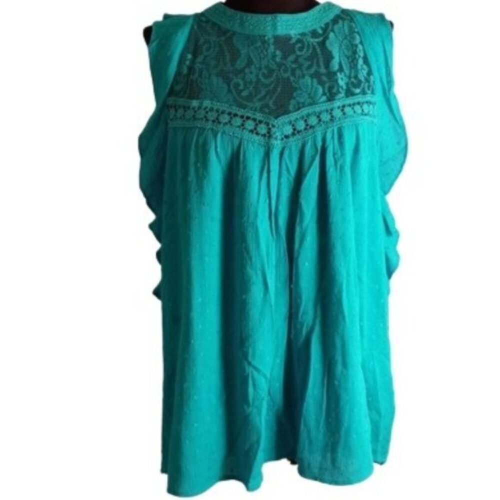 Umgee M Tunic Top Womens Sleeveless Teal Lace Yoke Ruffle Detail Hi Low Floral